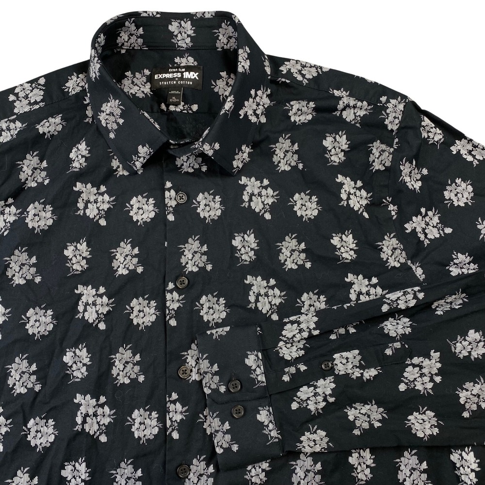 Express 1MX Mens XL Extra Slim Fit Black Floral Stretch Cotton Button Up Shirt